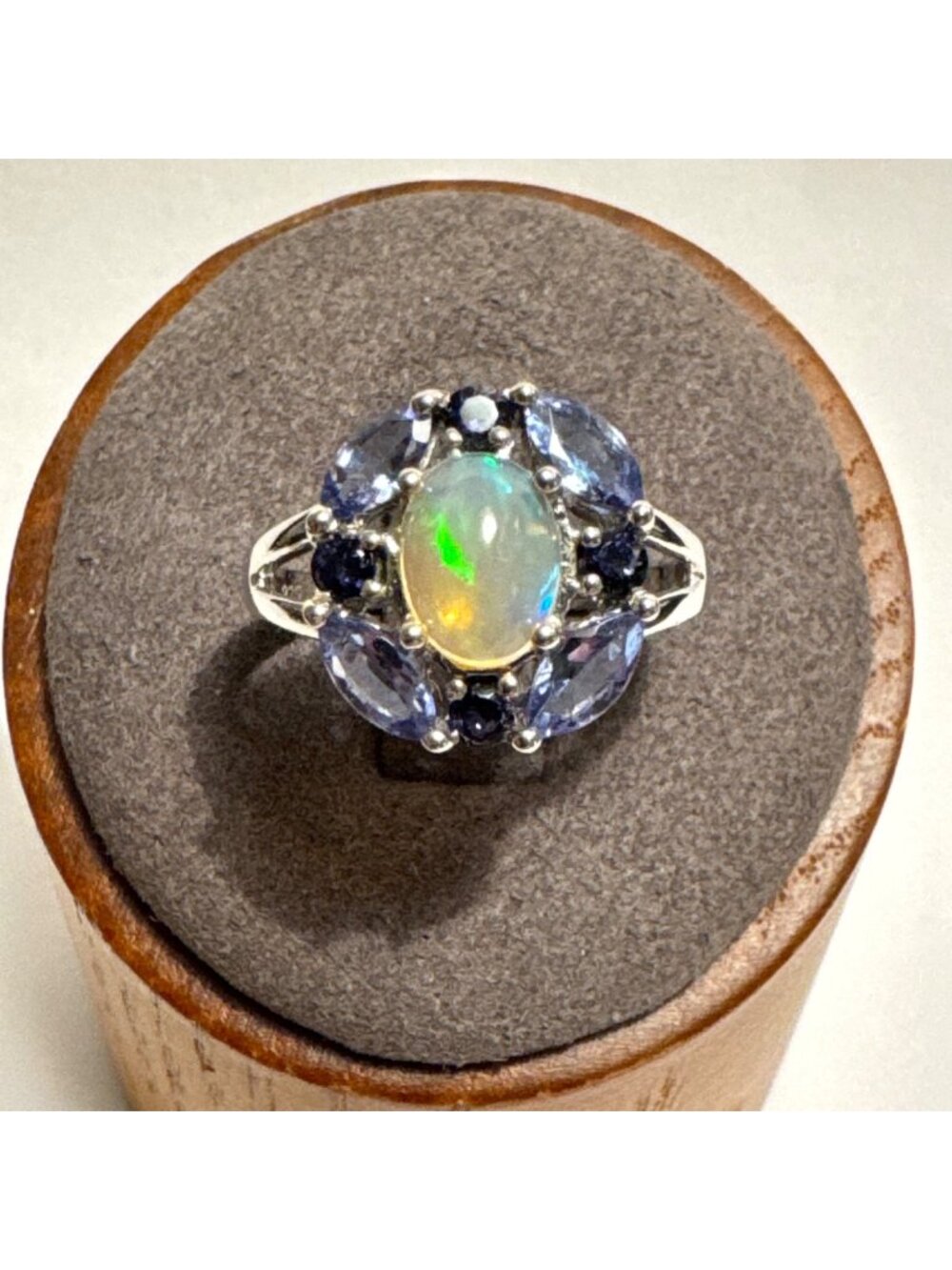 VTG Solid Sterling Silver 925 Opal and Tanzanite Accents Prong Set Ring Size 7